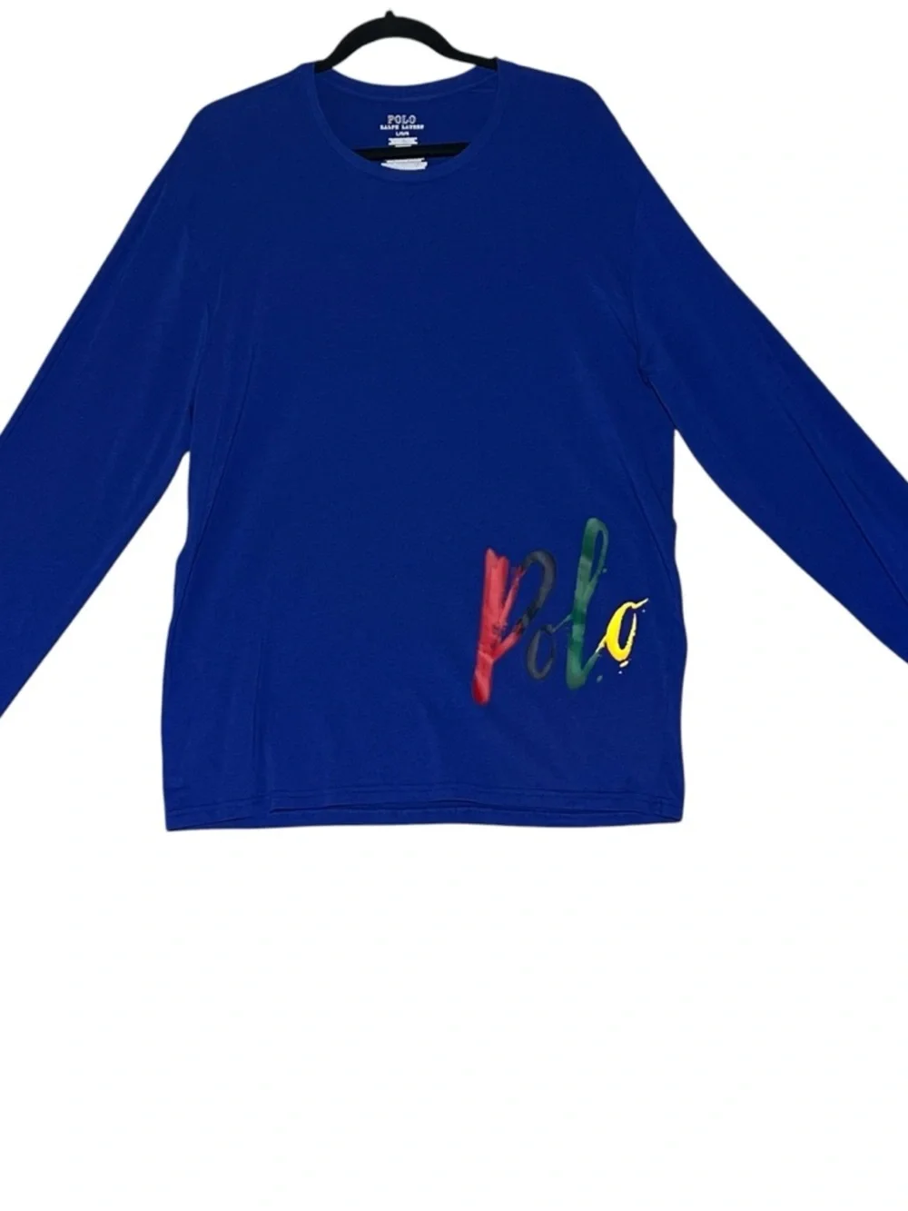 POLO RALPH LAUREN Royal Blue Brushstroke Script Logo Long Sleeve Tee Mens Large